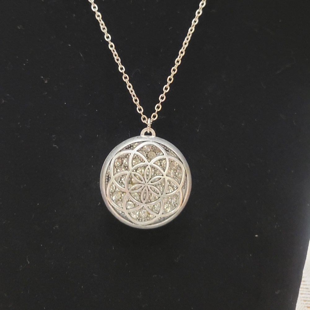 Silver Tone Flower of Life With Rhinestones Necklace